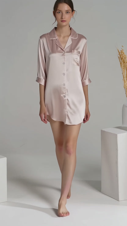 Curvvvy™ Mulberry Silk Boyfriend Sleepshirt With Contrast Piping