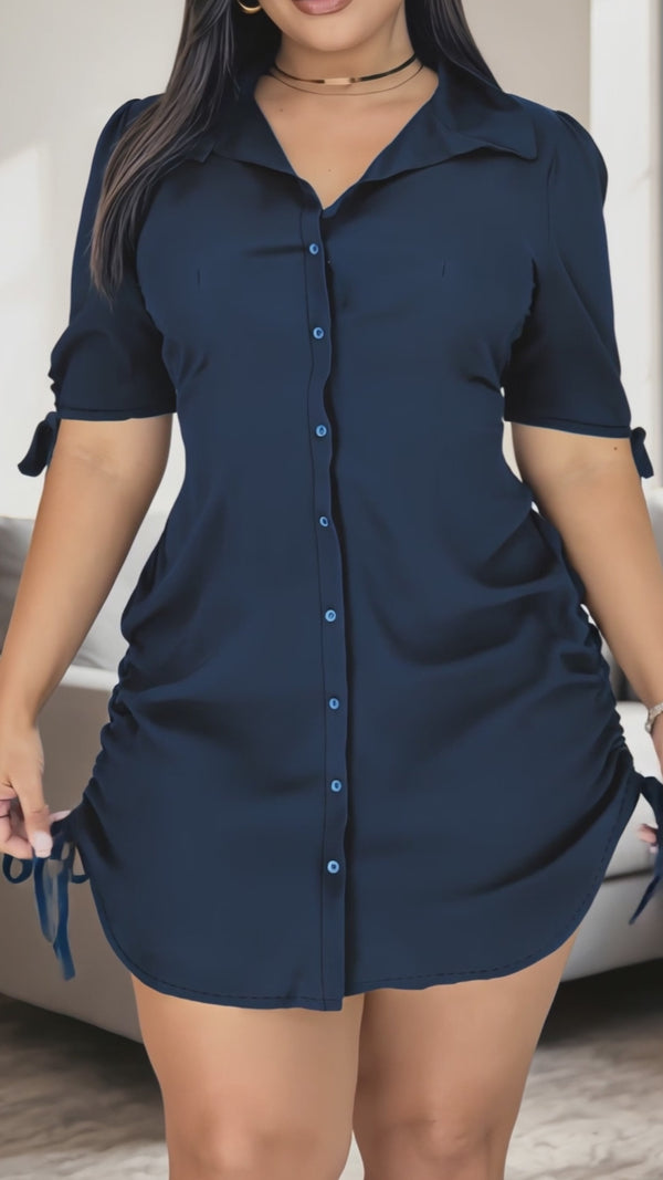 Curvvvy™ Ruched Side Button-Down Mini Shirt Dress