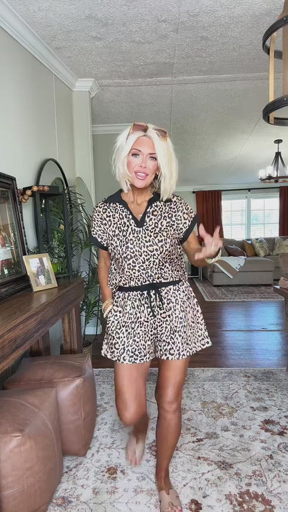 Curvvvy™ Wild Instinct Leopard Print Polo Collar Shorts Set