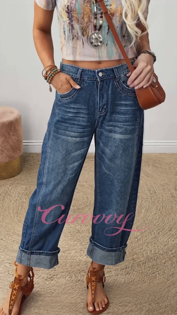 Curvvvy™ Wash Roll Raw Mid Rise Straight Crop Jeans