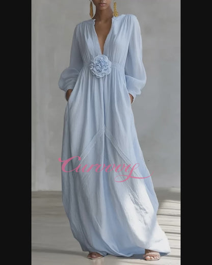 Curvvvy® Deep V-neck Three-dimensional Floral Maxi Dress