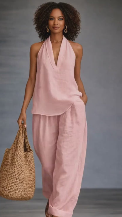 Curvvvy® Summer Linen-Blend Halter V-Neck Top & Wide-Leg Trousers Set