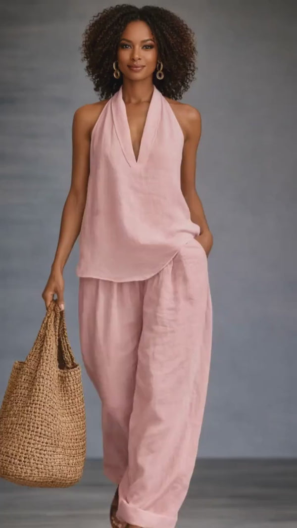Curvvvy® Summer Linen-Blend Halter V-Neck Top & Wide-Leg Trousers Set