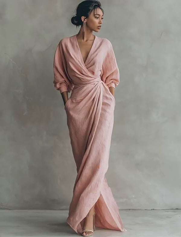 Curvvvy™ Elegant Deep V-Neck Draped Wrap Maxi Dress With Waist Tie
