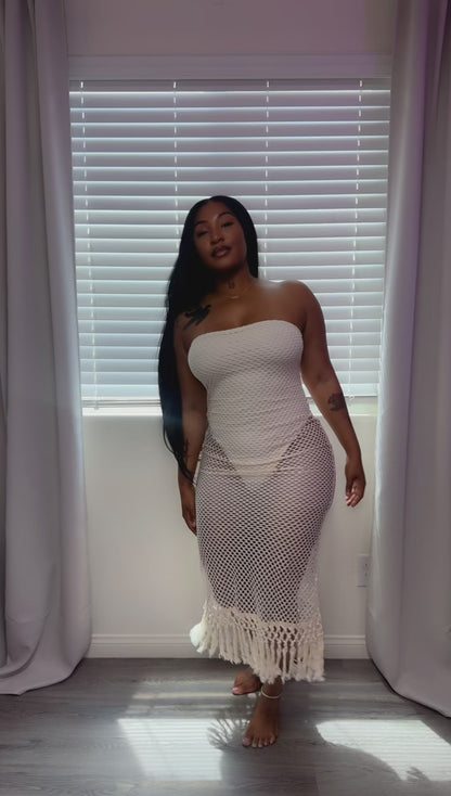 Curvvvy™ Strapless Crochet Hollow Out Fringe Maxi Dress Cover Up