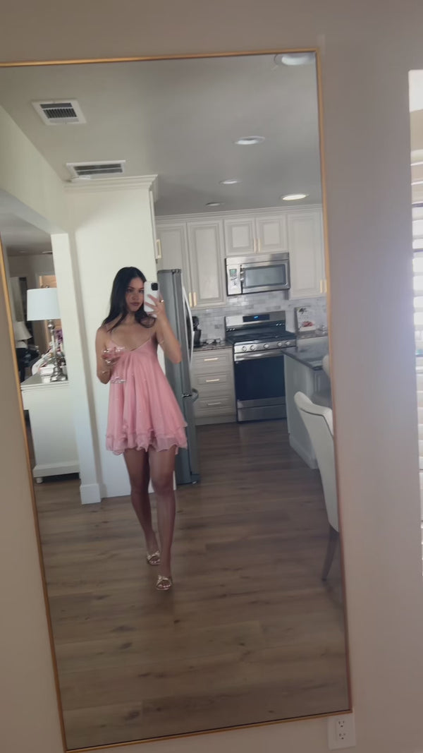 Curvvvy™ Sparkly Mesh V-Neck Slip Mini Dress with Layered Hem
