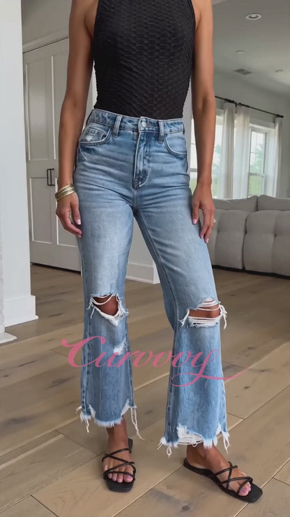 Curvvvy™ Distressed Mid-Rise Flared Jeans
