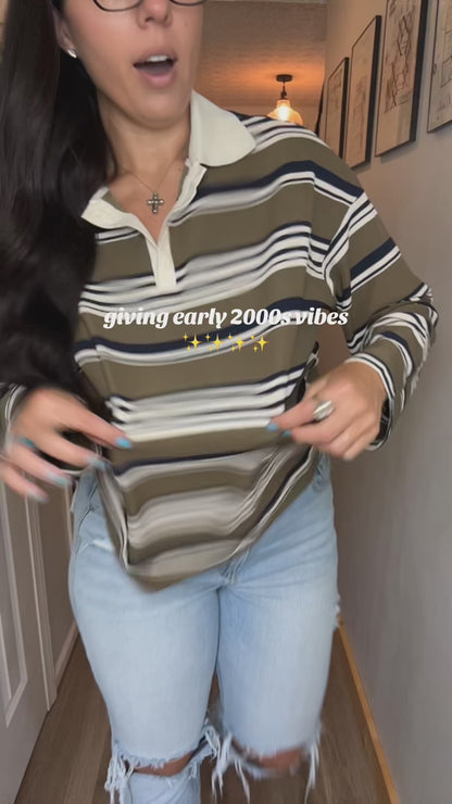 Curvvvy™ Sudadera Polo Oversized de Rayas Vintage