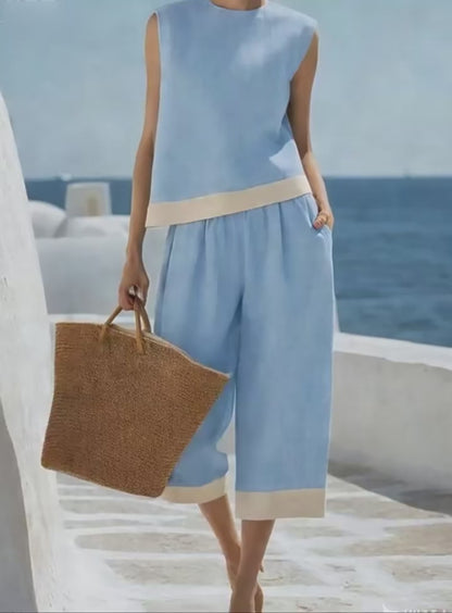 Curvvvy™ Coastal Breeze Cotton Linen Contrast Trim Two-Piece Set
