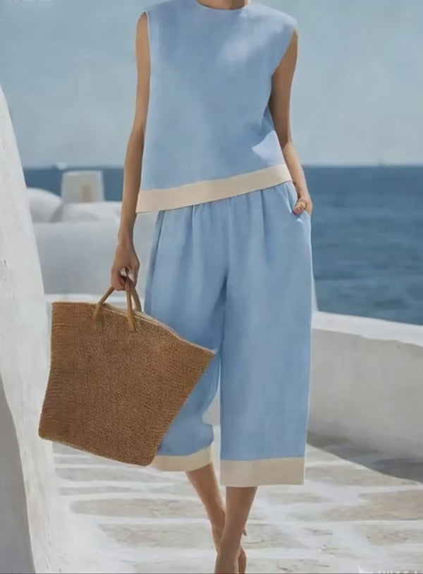 Curvvvy™ Coastal Breeze Cotton Linen Contrast Trim Two-Piece Set