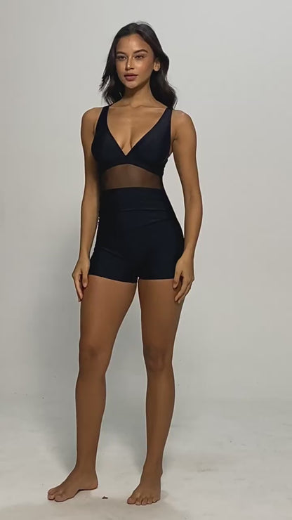 Curvvvy™ V-Neck Mesh Panel Boyleg One-Piece Swimsuit