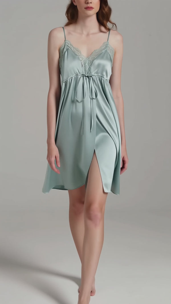 Curvvvy™ Mulberry Silk Lace Trim Tie-Waist Slip Nightgown