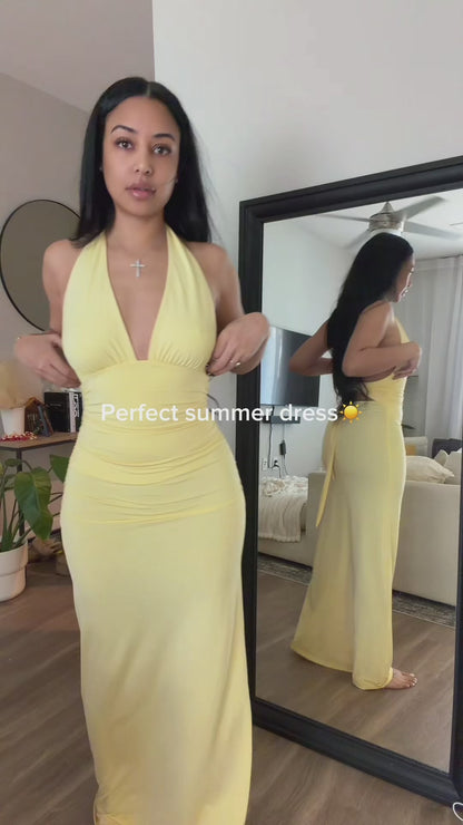 Curvvvy™ Slinky Halter Plunge Ruched Maxi Dress