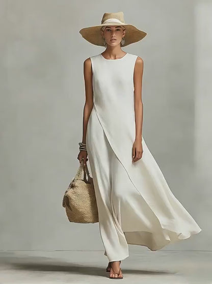 Curvvvy™ Asymmetric Hem Linen Blend Sleeveless Maxi Dress