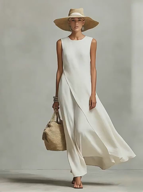Curvvvy™ Asymmetric Hem Linen Blend Sleeveless Maxi Dress