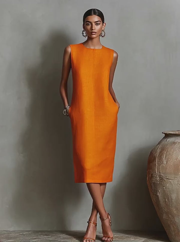 Curvvvy™ Linen Blend Sleeveless Crew Neck Midi Dress