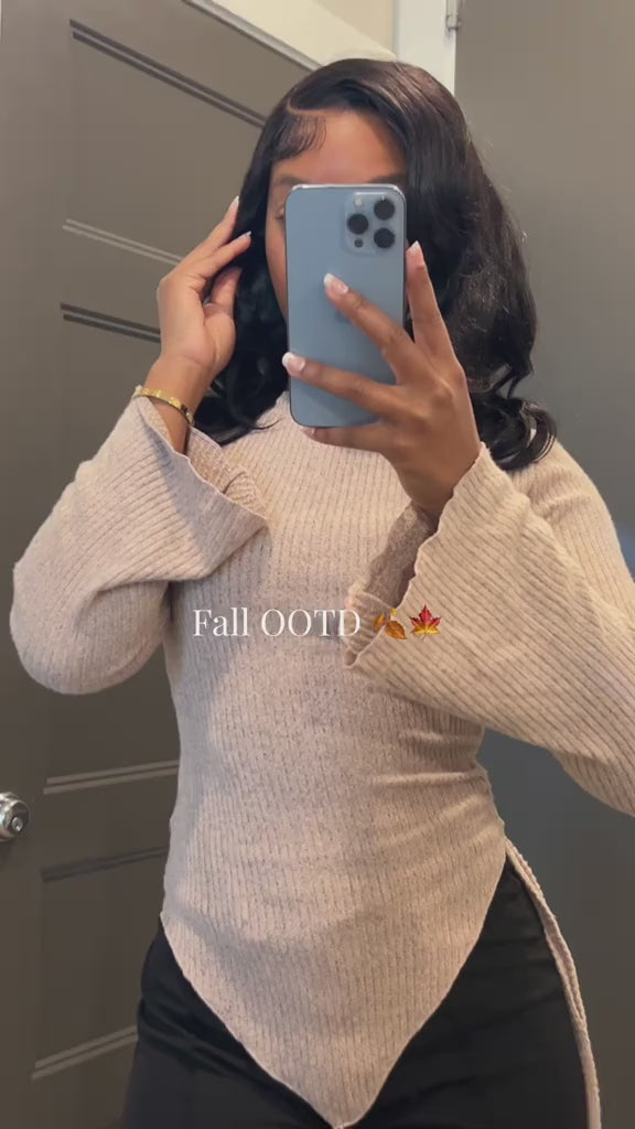 Curvvvy™ Asymmetrical Ruched Cowl Neck Ribbed Long Sleeve Top