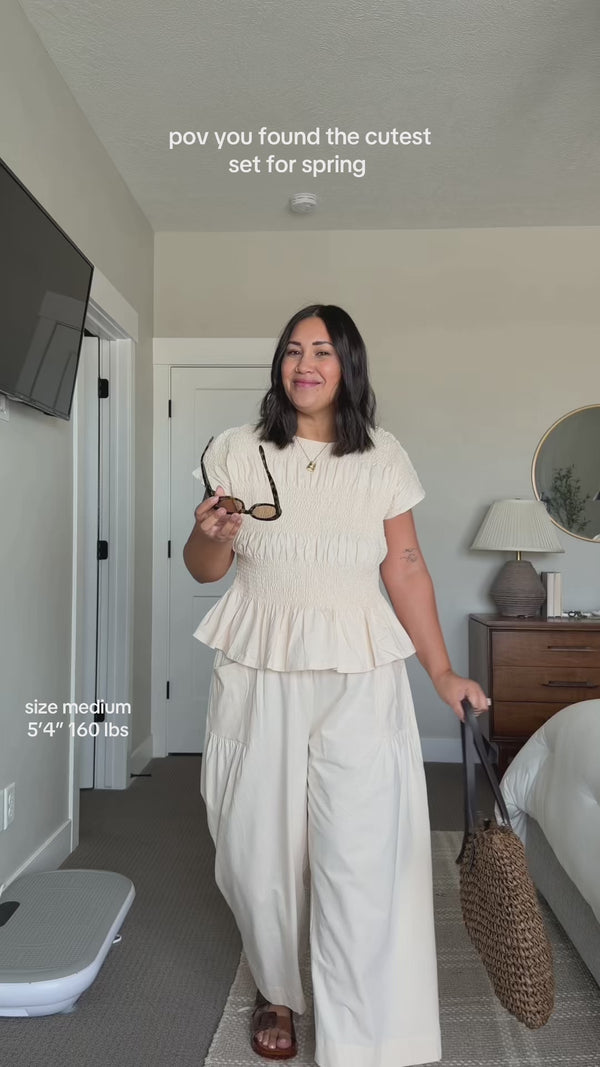 Curvvvy™ Smocked Peplum Top and Wide Leg Pants Two-Piece Set