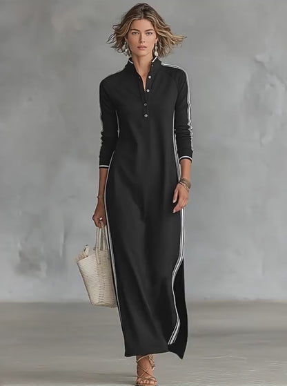 Curvvvy™ Sporty Chic Button Collar Maxi Dress with Side Stripes