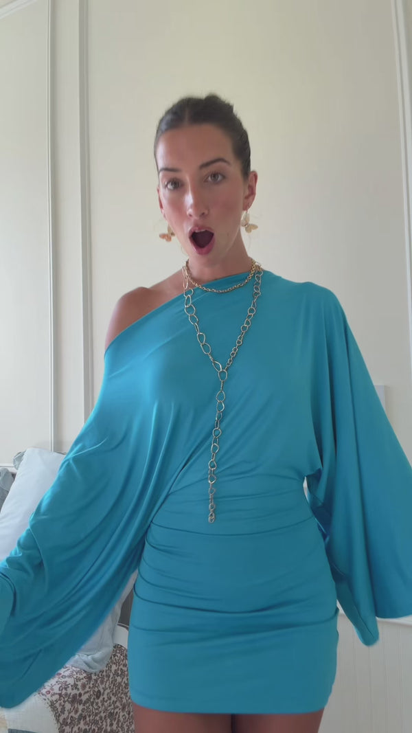 Curvvvy™ Asymmetric Draped Batwing Sleeve Bodycon Mini Dress
